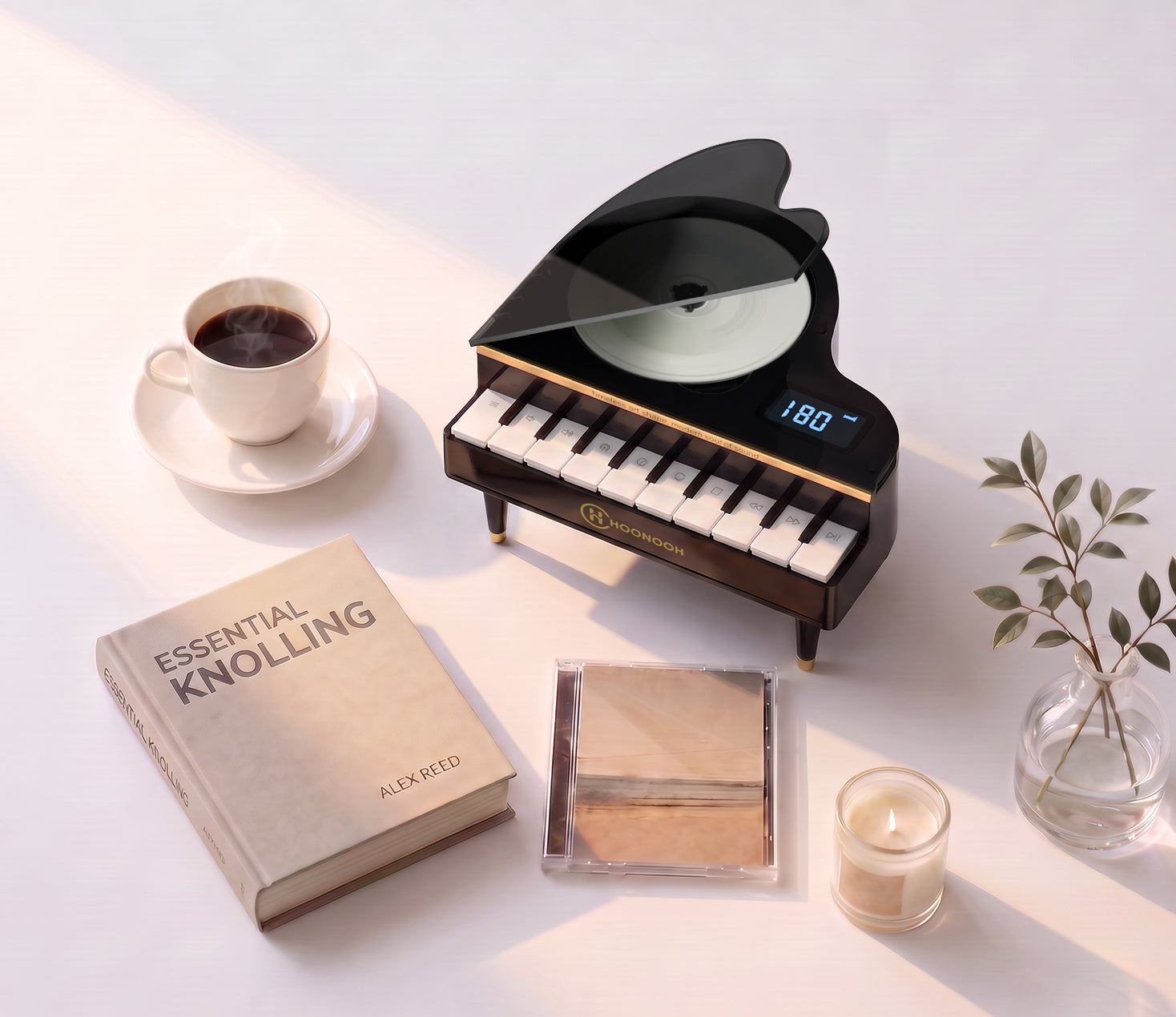 A black and white miniature grand piano cd player styled on a white surface with a coffee cup, a book, a candle, and a small plant.